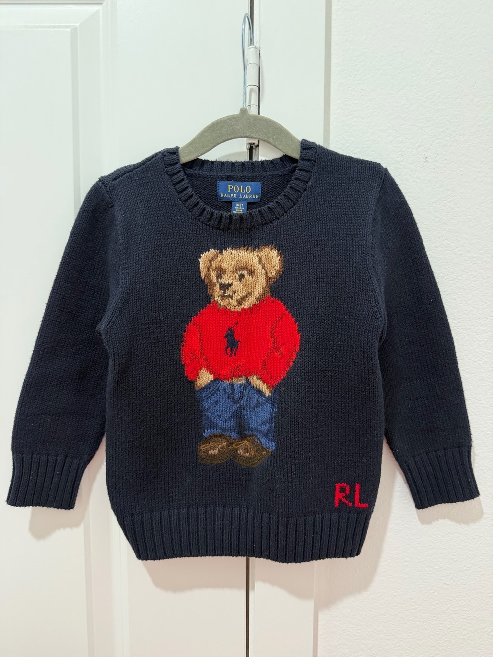 Polo Ralph Lauren Navy Polo Bear Sweater wearing Red Logo Sweater